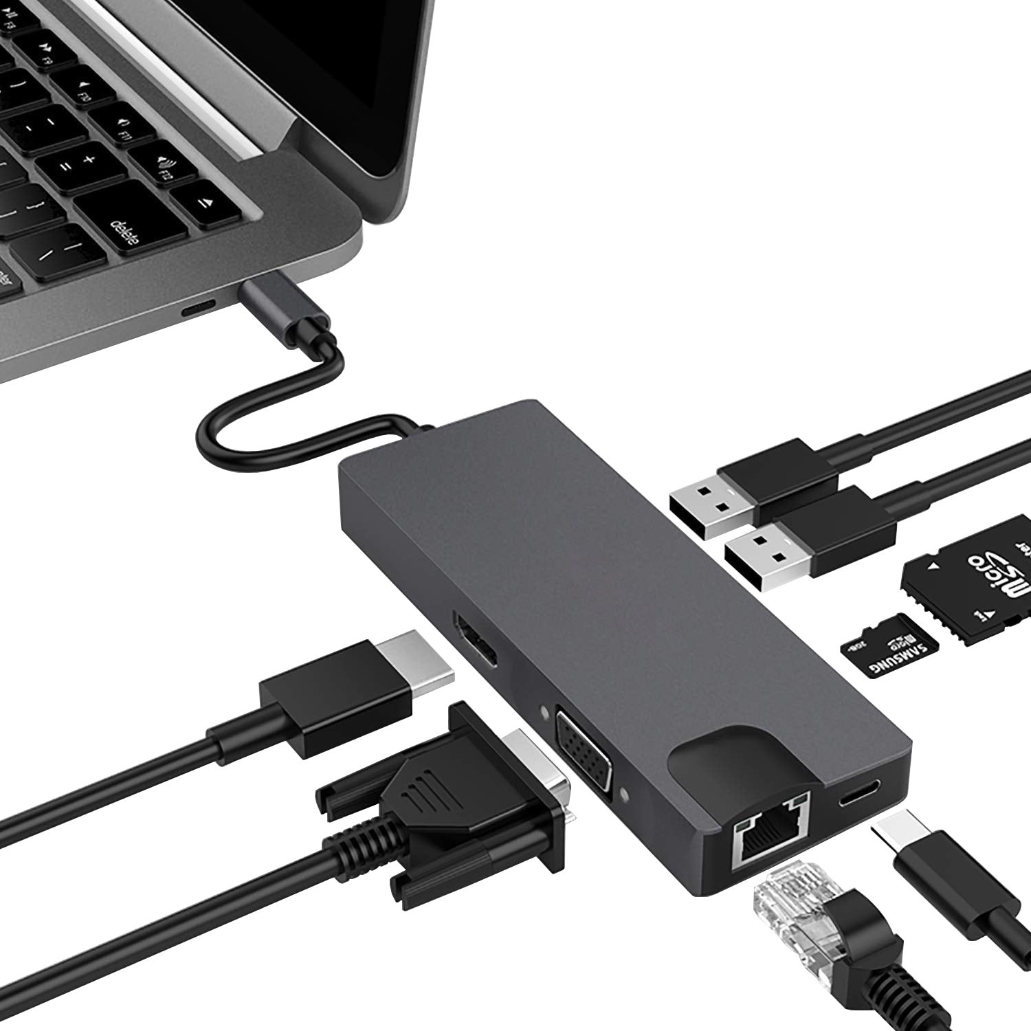 Für MacBook Pro 8in1 Dock Typ C ThunderBolt HDMI VGA Gigabit RJ45 USB3.0 HUB Adapter Kartenleser