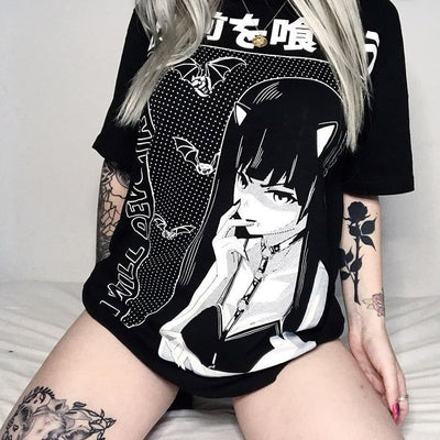 Punk hippie style vampire bats anime girl prints long Tee women tunic gothic streetwear T shirt mini dress