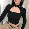 Sexy hollow cut choker square neck women tee dew umbilical top blouse