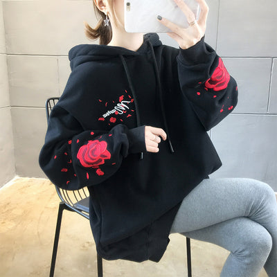 Kpop Women Embroidery Fairy Crane Rose Petals Loose Fit Floral Hoodie Sweatshirt  Pullover plus size