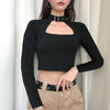 Sexy hollow cut choker square neck women tee dew umbilical top blouse