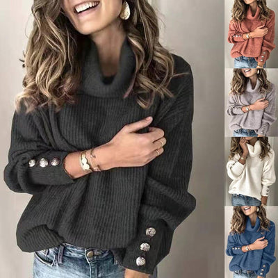 Women clothing fashion style high collar wool sweater top sweatshirt  cuff with buttons loose fit plus size