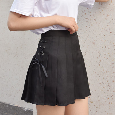 spring and summer lace up draw string college style pleated skirt safety pants high waist skirt