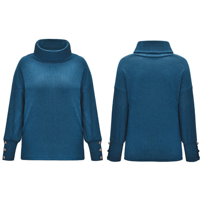 Damenbekleidung Modestil hoher Kragen Wollpullover Top Sweatshirt Manschette mit Knöpfen lose Passform plus Größe