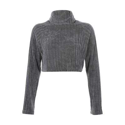 2021 Frauen locker sitzen Crop Top lässig Rollkragen Strickwaren Samt Top Sweater Sweatshirt