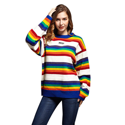 3D Cut Rainbow Stripes Pullover Kpop loose fit Knitwear Urban Leisure Striped Sweater one size