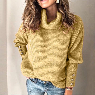 Women clothing fashion style high collar wool sweater top sweatshirt  cuff with buttons loose fit plus size