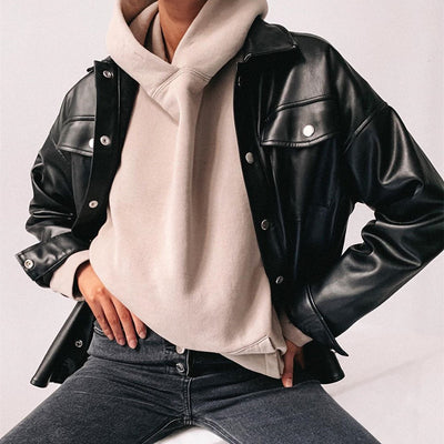 sexy motorist cool girl imitation leather shirt cardigan stylish metallic single placket buckle row 2021