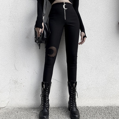 dark crescent zipper high waist tight pencil pants for gothic girls black leggings