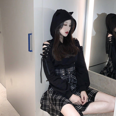 Girl Gothic Lace Up shoulders crop hoodie adorned with cat ears High Waist Plaid Pettiskirt