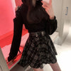 Girl Gothic Lace Up shoulders crop hoodie adorned with cat ears High Waist Plaid Pettiskirt