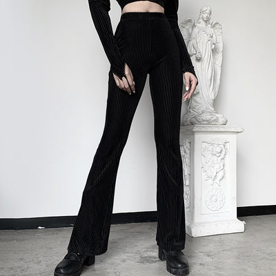 Dark Retro High Waist slim drop bell flared pants ins suede pit strip casual wide leg trousers for girls