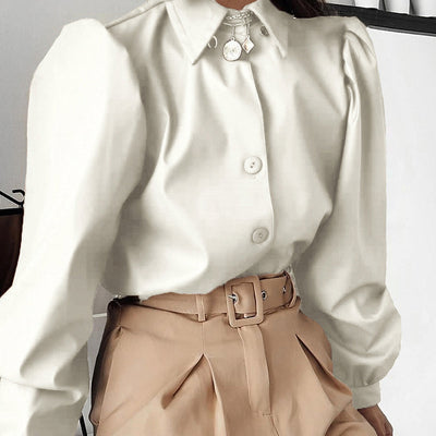 Designer 2021 Leder Bubble Sleeves Langarm Top Shirt Strickjacke für Femme