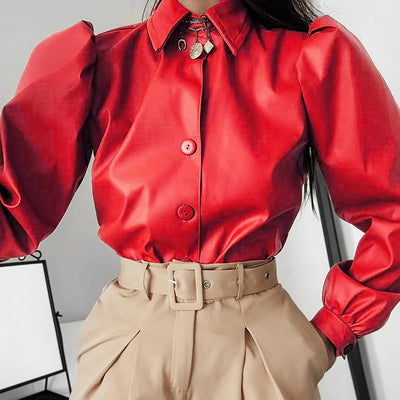 Designer 2021 Leder Bubble Sleeves Langarm Top Shirt Strickjacke für Femme