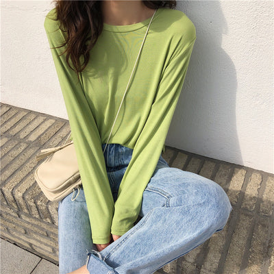 basic solid color modal Tee Shirt Top for women autumn 2021 round neck elastic T-shirt