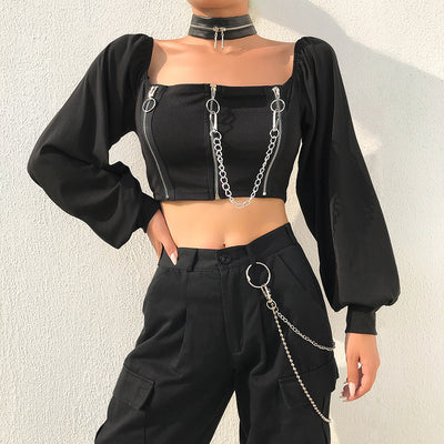Femme Sexy Zipper Tubetop Crop length Slim Fit with Suspender Vest Gothic Street fashion HipHop