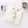 College style Lapel collar cartoon placket kawaii kitten embroidery cotton shirt for girls