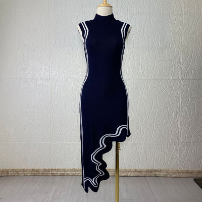 Asymmetrical Wavy Hem Round Collar Striped Knit Vest Dress knitting dress