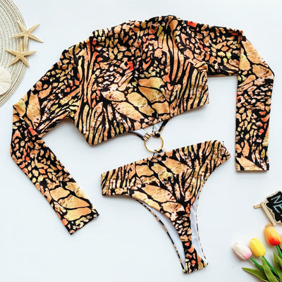 Animal Print einteilige Damen Bikini Overall Monokini unregelmäßige Langarm Badebekleidung 2020