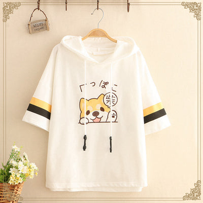 Hooded embroidered Shiba Inu striped short sleeve T-shirt Korean casual blouse college style