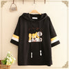 Hooded embroidered Shiba Inu striped short sleeve T-shirt Korean casual blouse college style