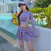 Korean Harajuku long sleeve kawaii split tankini set pleated plaid swimdress swimsuit for girls