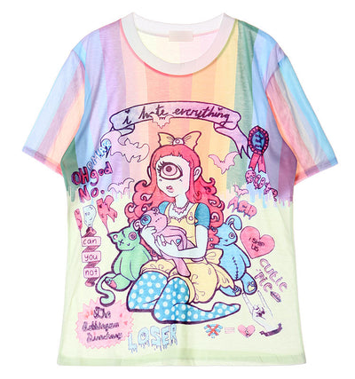 Harajuku devil single eye princess cartoon print multicolor short-sleeved T-shirt