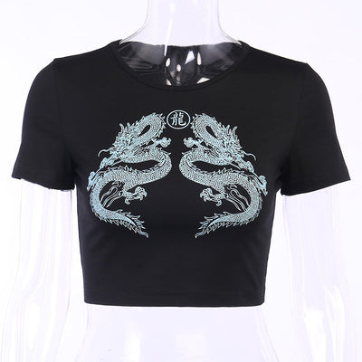 Dark Gothic Harajuku Streetwear hoch tailliertes Tau-T-Shirt mit Drachendruck und engem Sitz, eng anliegendes, kurzärmeliges Crop-Top