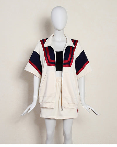 Kpop movie stars college style set cargo shirt and dress loose cardigan jacket splicing stripes multi-pockets sportswear