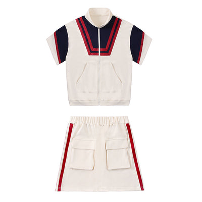 Kpop movie stars college style set cargo shirt and dress loose cardigan jacket splicing stripes multi-pockets sportswear