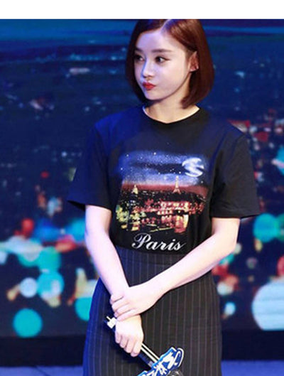 Kpop stars Jennie Lisa starry sky in Paris digital print loose fit T-shirt Korea style