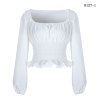 Women Femme Lantern Puff Sleeve Long Sleeve Ruched Pleating Waistband Chiffon Crop Top Blouse Short Shirt