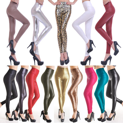 Women Femme Fitness Faux Leather Ankle Leggings Leggins Matte and Shiny Black Sexy Push Up Tummy Control Slim Stretchy Pants Hosen
