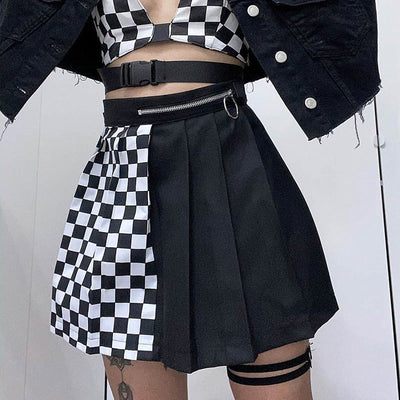 Dark Gothic patchwork splicing checkerboard pleated high waist slim fit umbrella skirt