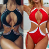 Sexy europäischer Badeanzug hohl geschnittener Gürtelblock Farbspleißen Einteilige Badebekleidung Monokini Bikini 2130