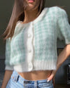 French Retro Bubble Short Sleeve Mohair Green White Plaid Sweater Knitwear Crop Cardigan for Girl