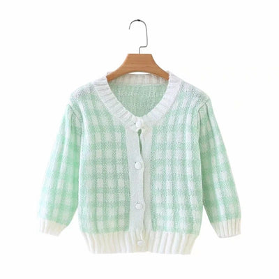 Französische Retro-Blase Kurzarm Mohair Grün Weiß Plaid Pullover Strick Crop Cardigan für Mädchen
