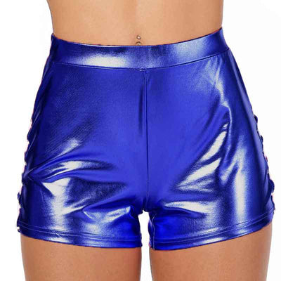 tight fit lacquer faux leather shorts high-waisted PU metallic hip hop jazz pants lace up drawstring
