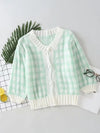 French Retro Bubble Short Sleeve Mohair Green White Plaid Sweater Knitwear Crop Cardigan for Girl