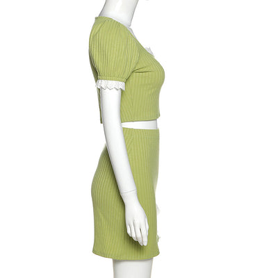 20201 summer lace trim knitwear top and skirt set knitting ruffle crop top asymmetric bottom