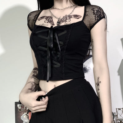 Dark gothic streetwear splicing square neck long lace mesh sleeve top lace up placket women vest