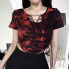 Krawattengefärbter Kordelzug T-Shirt Halskette Slim Crop Top Kurzarmhemd für Femme Dark Gothic