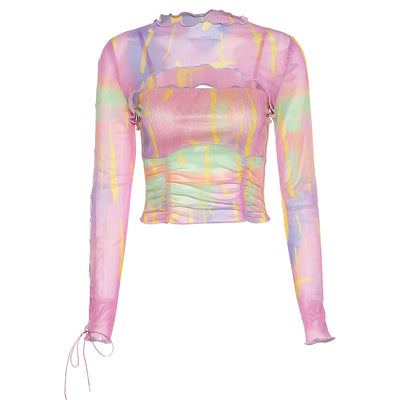 2022 tie dye mesh top sling cami vest long sleeve blouse drawstring two piece set for girls