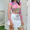 2022 tie dye mesh top sling cami vest long sleeve blouse drawstring two piece set for girls