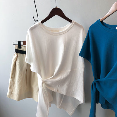 2022 asymmetric top designer pleated cotton tee design women casual ruched t-shirt pullover