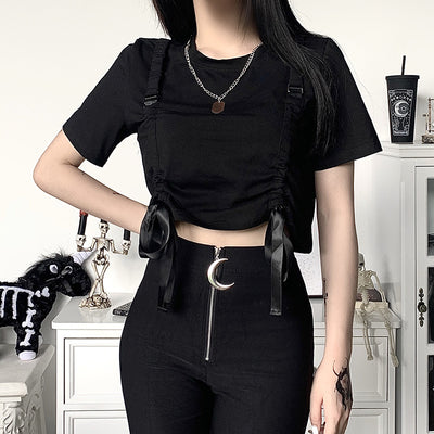 Cargo shirt tie with bandage and drawstring crop top tee for chic gothic girls hip hop