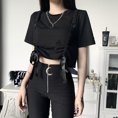 Cargo shirt tie with bandage and drawstring crop top tee for chic gothic girls hip hop