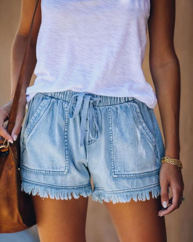 Chic drawstring summer thin high waist tassel jeans shorts with big multi-pockets plus size