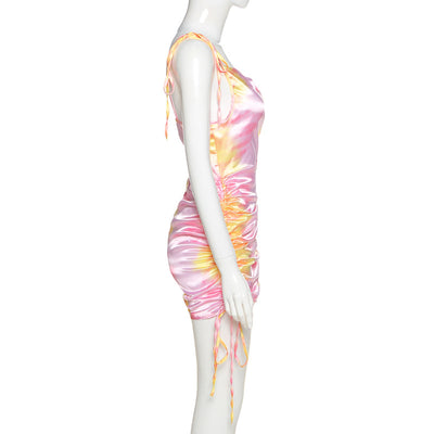 2020 Women Street Fashion Sexy backless Tie Dye Sling Ruffle Pencil Sleeveless Dress