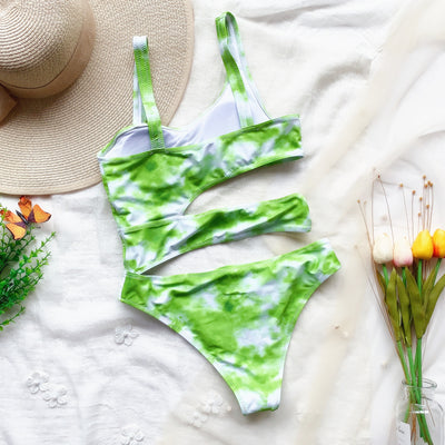 2020 Block Color Tye Dye Leopardenmuster einteilig Badeanzug Bikini Monokini Badeanzug mit hohlem Schnitt